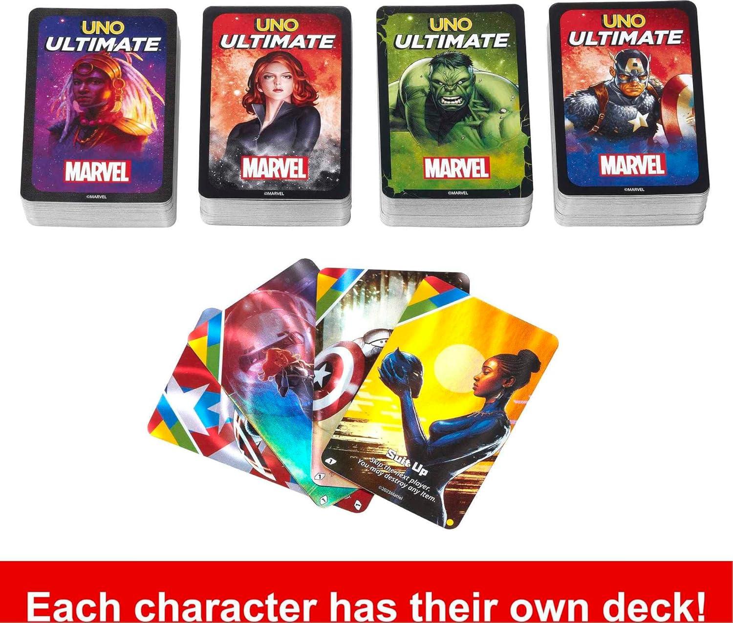 imageMattel Games UNO Ultimate Marvel Card Game with 4 Collectible Foil Cards CharacterThemed Decks amp Special Rules for Ages 7 Years amp OlderCore Set 2
