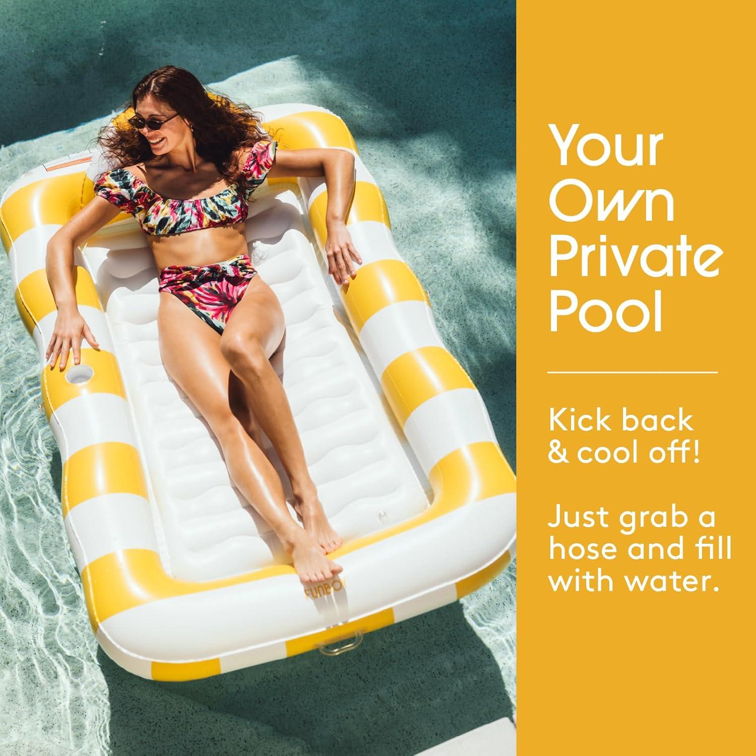 imageFUNBOY Tanning Pool Lounger Float XL 72 x 48 Pool Float with Custom Pillow and Large Cup Holder Perfect for Pool or BackyardYellow