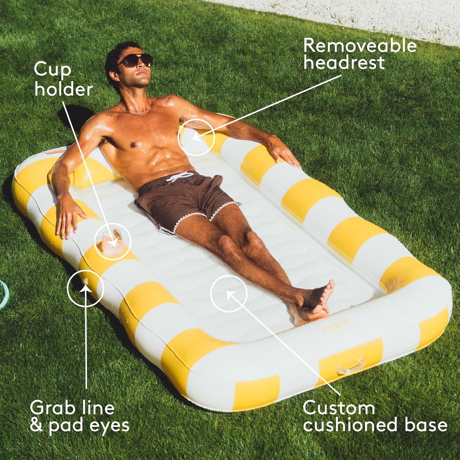 imageFUNBOY Tanning Pool Lounger Float XL 72 x 48 Pool Float with Custom Pillow and Large Cup Holder Perfect for Pool or BackyardYellow