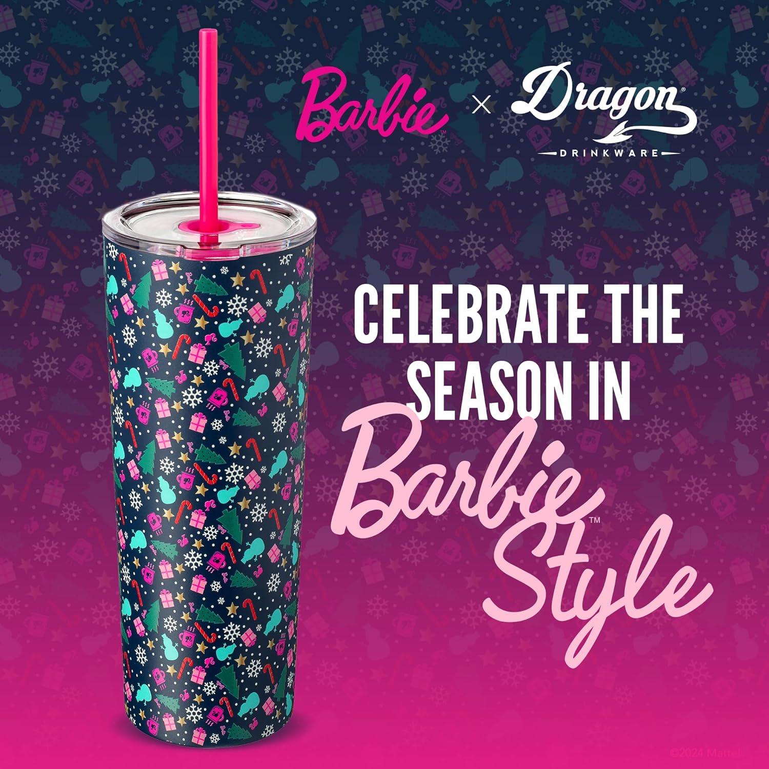 imageDragon Glassware x Barbie Vacuum Insulated Stainless Steel Tumbler with Lid and Straw Festive Holiday Travel Coffee Tumbler Cup to Keep Drinks Hot or Cold Fits Cup Holders Christmas ThemeBarbie Christmas