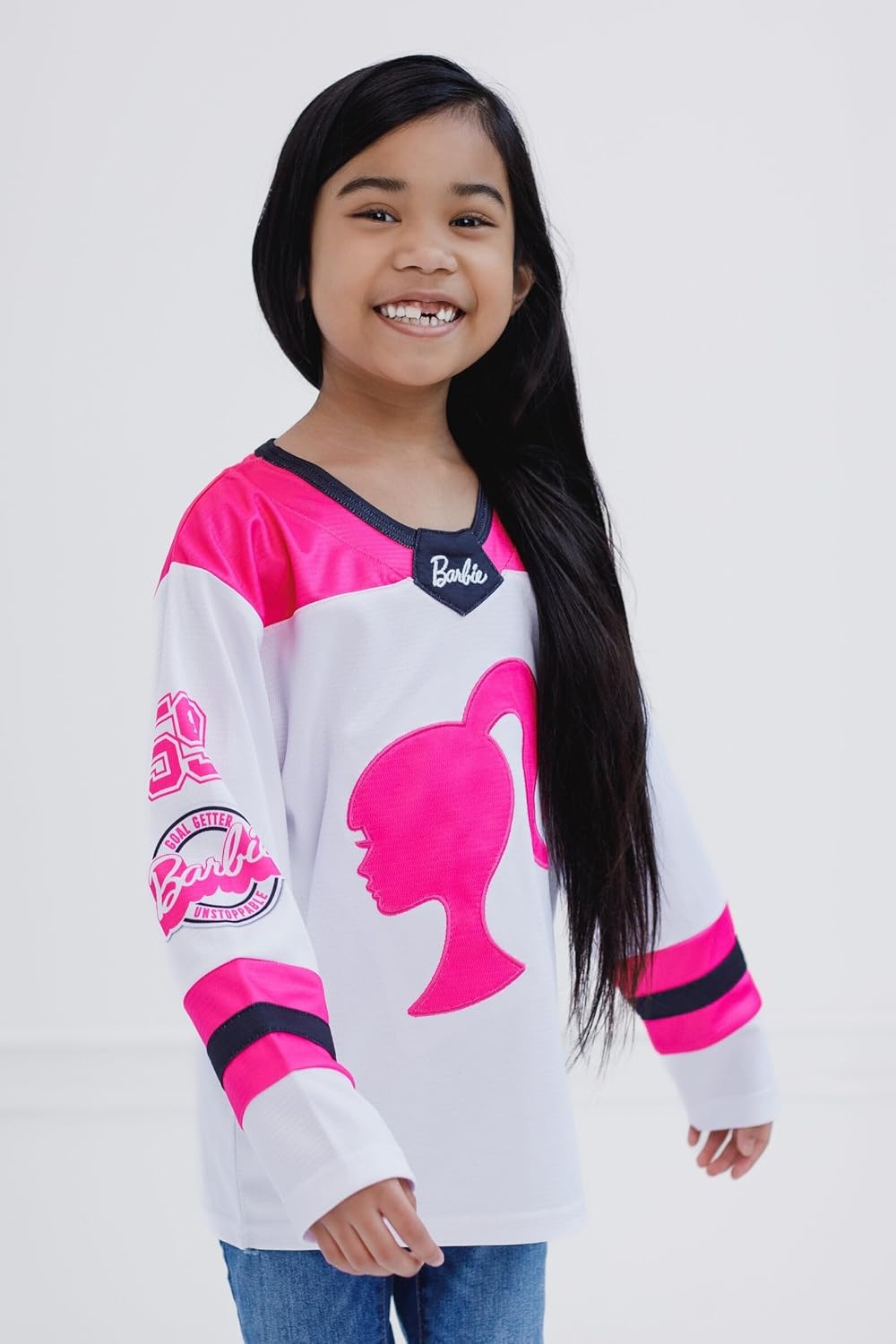 image:imageBarbie Girls Mesh Hockey Jersey Long Sleeve TShirt Toddler to Big Kid Sizes 2T 1416Pink White