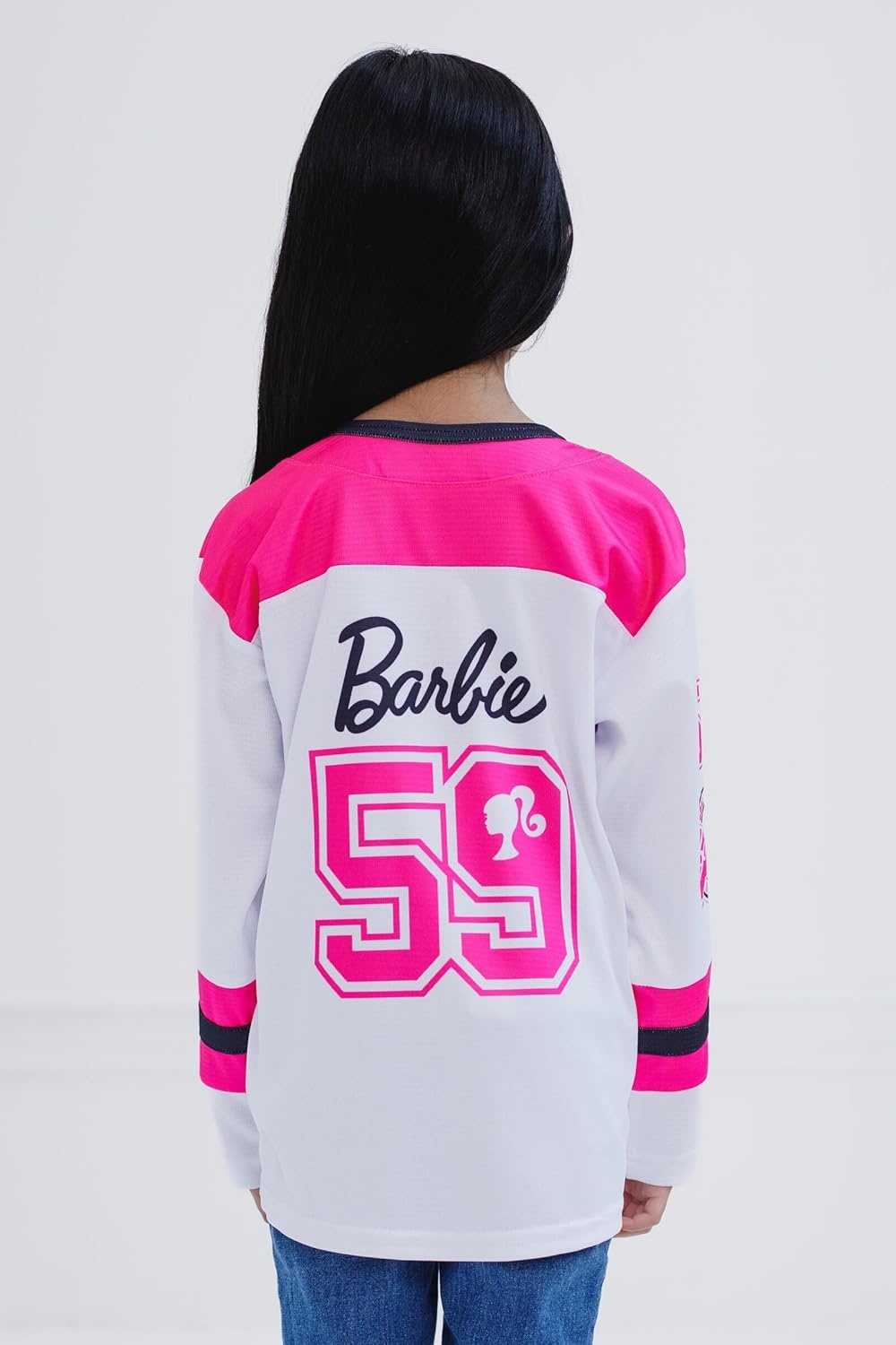 image:imageBarbie Girls Mesh Hockey Jersey Long Sleeve TShirt Toddler to Big Kid Sizes 2T 1416Pink White