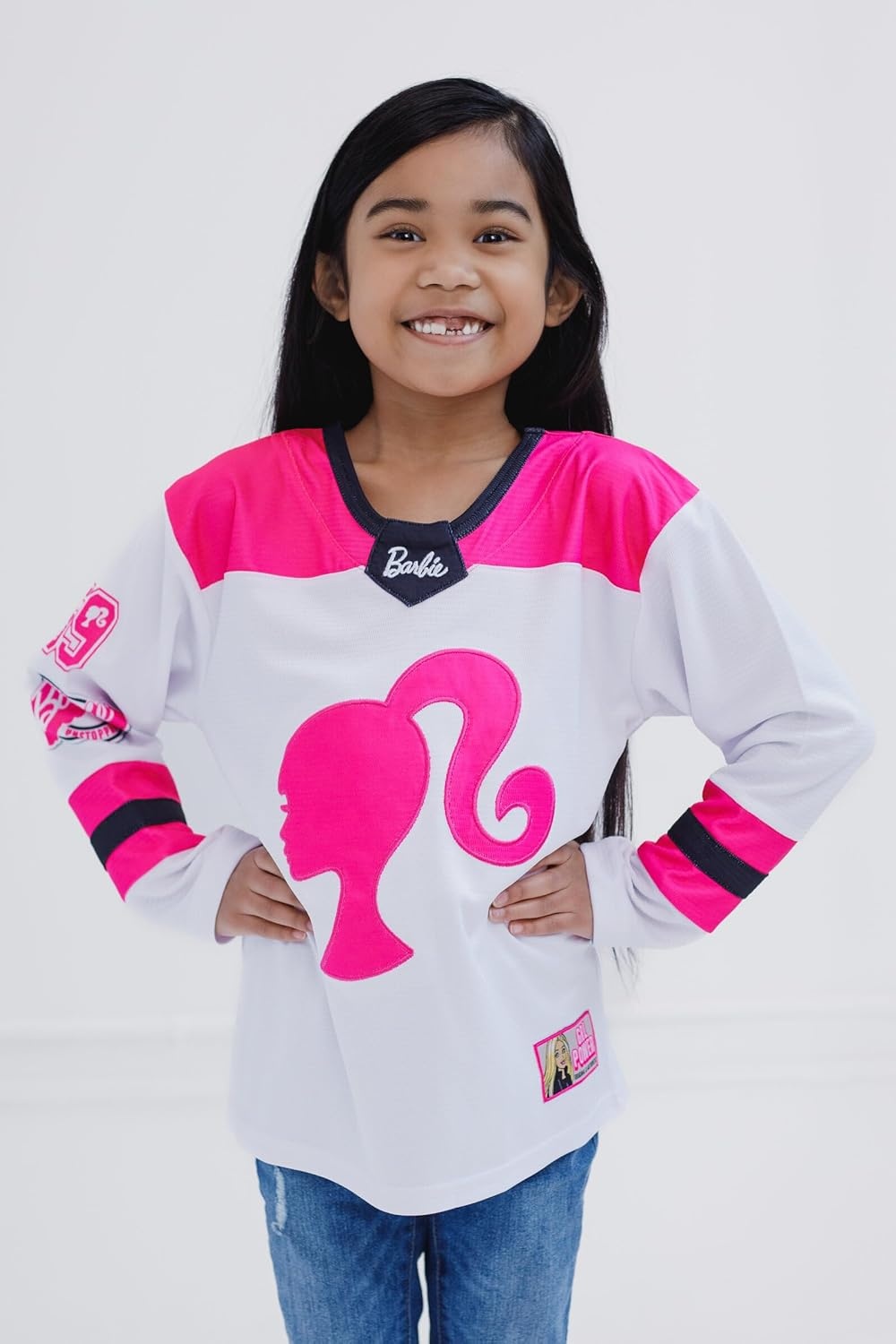 image:imageBarbie Girls Mesh Hockey Jersey Long Sleeve TShirt Toddler to Big Kid Sizes 2T 1416Pink White
