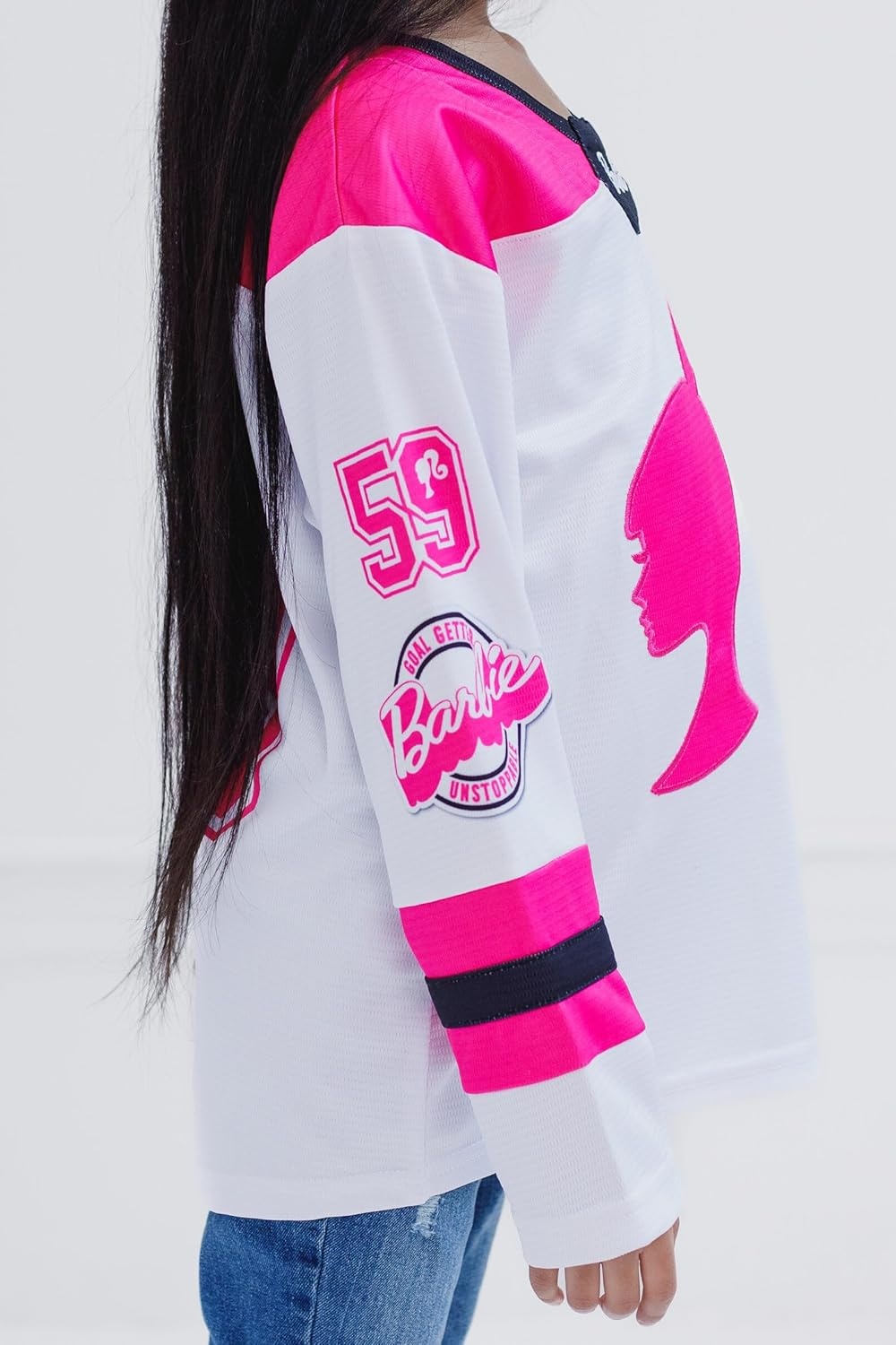 image:imageBarbie Girls Mesh Hockey Jersey Long Sleeve TShirt Toddler to Big Kid Sizes 2T 1416Pink White