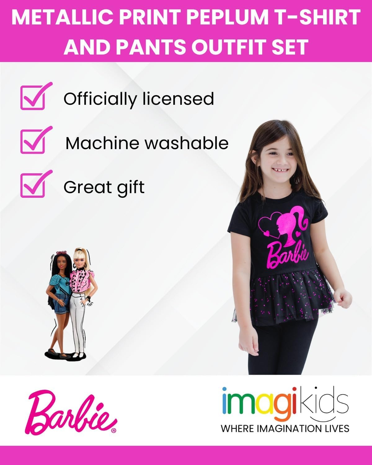 image:imageBarbie Girls Metallic Print Peplum TShirt and Pants Toddler to Big KidBlack Pink Foil