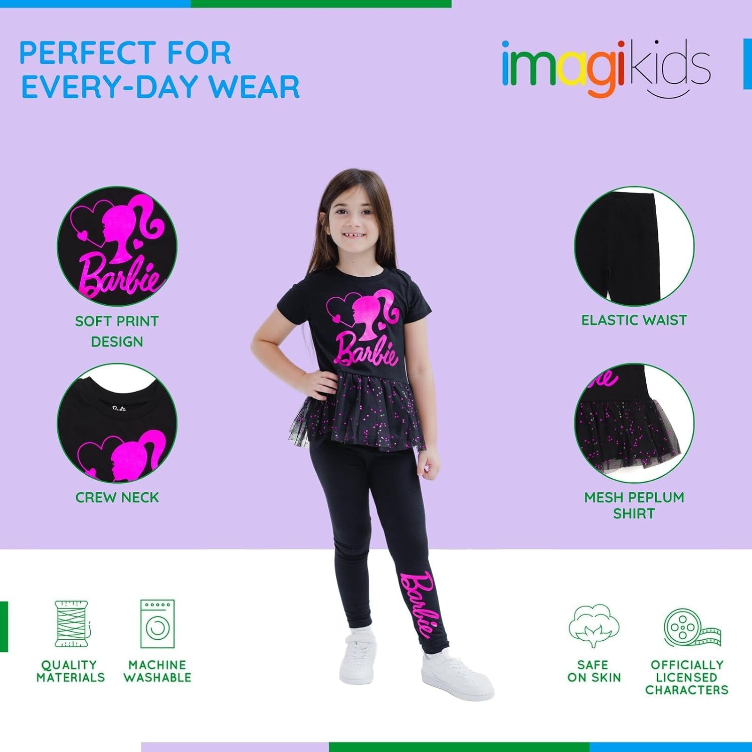 image:imageBarbie Girls Metallic Print Peplum TShirt and Pants Toddler to Big KidBlack Pink Foil