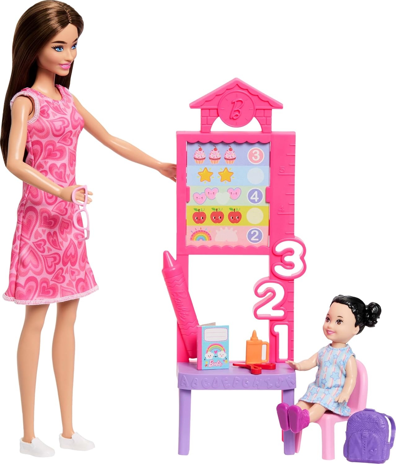 image:imageBarbie Careers Teacher Doll amp Themed Playset Teacher Fashion Doll amp Small Doll Classroom Board amp Accessories Ages 3Heart Dress Brunette Student