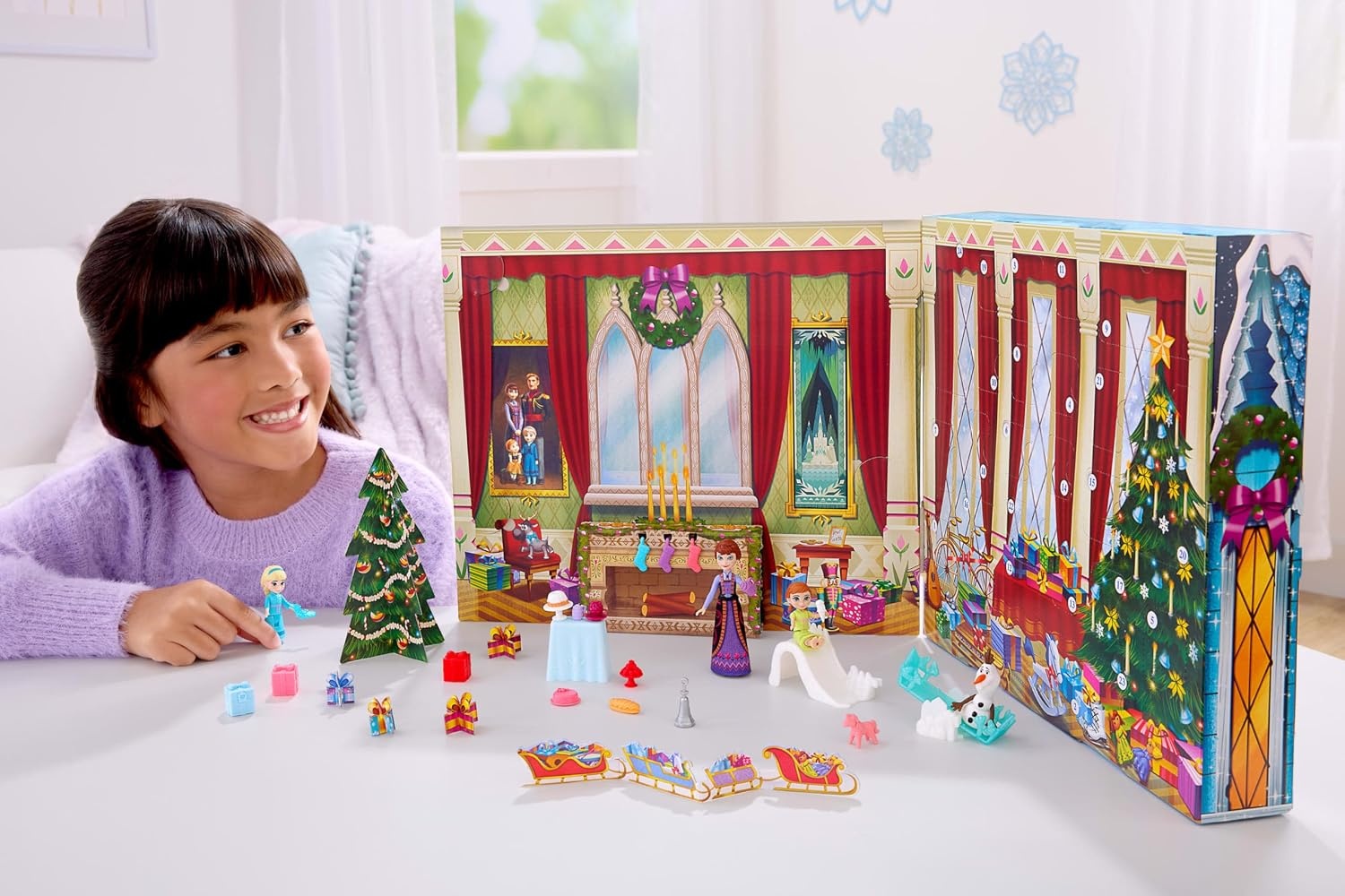 image:imageMattel Disney Frozen Young Anna amp Elsa Small Doll Advent Calendar with 24 Days of Surprises Including Olaf Figure Queen Iduna Doll Seesaw amp Slide
