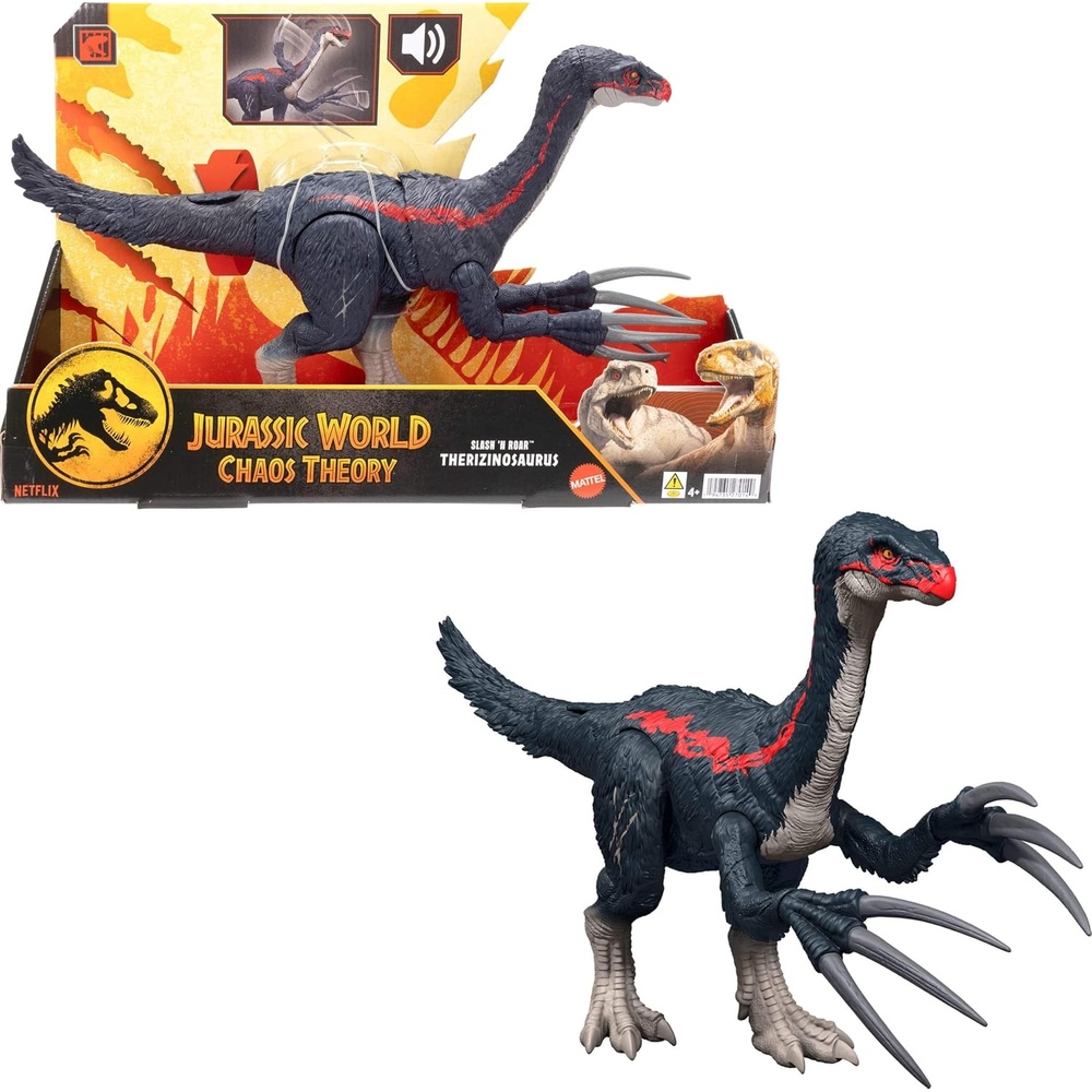 image:imageMattel Jurassic World Chaos Theory Battle Roarin Becklespinax Dinosaur Action Figure Toy Rampage Head Strike Chomp Roars amp Snarls Extending SpikesTherizinosaurus