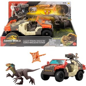 Mattel Jurassic World Rebirth Vehicle with 1 Human & 1 Dinosaur Figure, Launch ‘N Battle Truck, Martin Krebs Figure & Raptor, Turret & 2 Projectiles